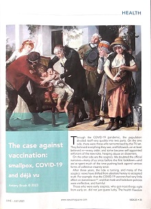 Picture of the first page of this article as it appears in Nexus magazine.  The top half of the page shows Gaston-Theodore Melingue's 1879 painting of Edward Jenner performing the first vaccination while a dairymaid nearby bandages her hand.