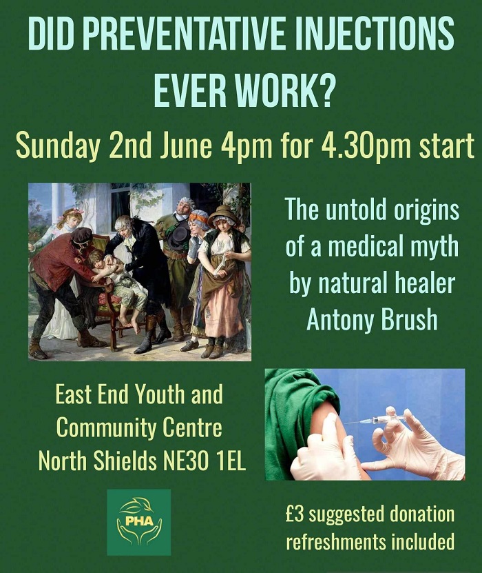Picture of flyer.  Title: Did Preventative Injections Ever Work?  The Untold History of a Medical Myth.  Talk in North Shields on Sunday 2nd June